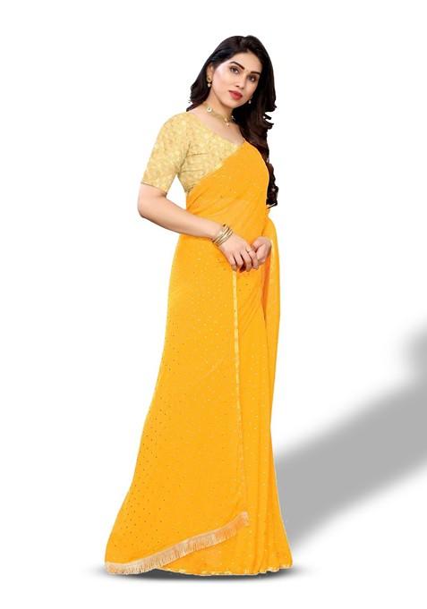Yellow Polka Dot Printed Saree Set