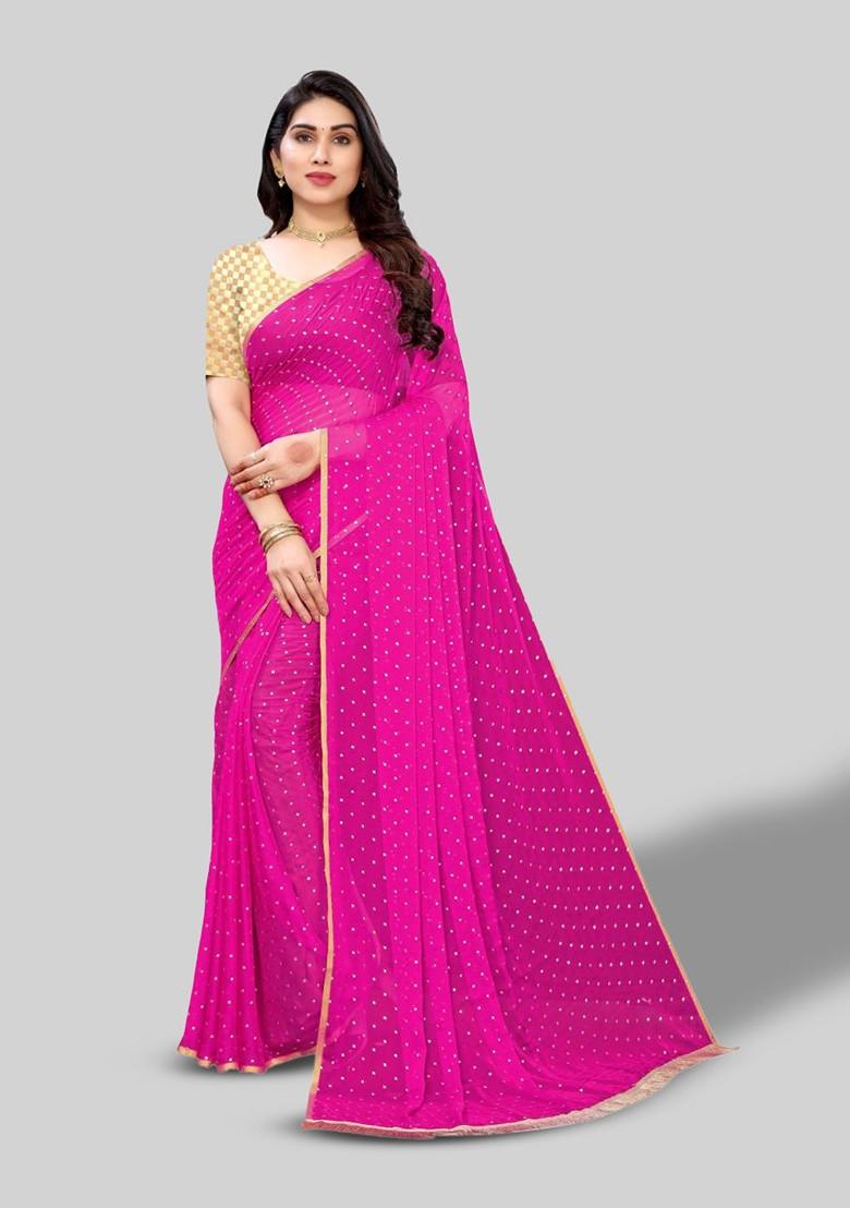 Pink Polka Dot Printed Saree Set