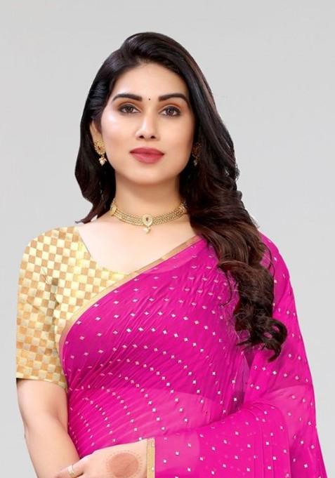 Pink Polka Dot Printed Saree Set