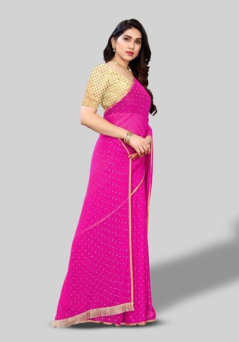 Pink Polka Dot Printed Saree Set