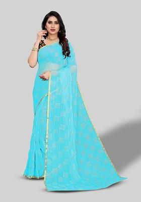 Blue Ethnic Motifs Printed Saree Set