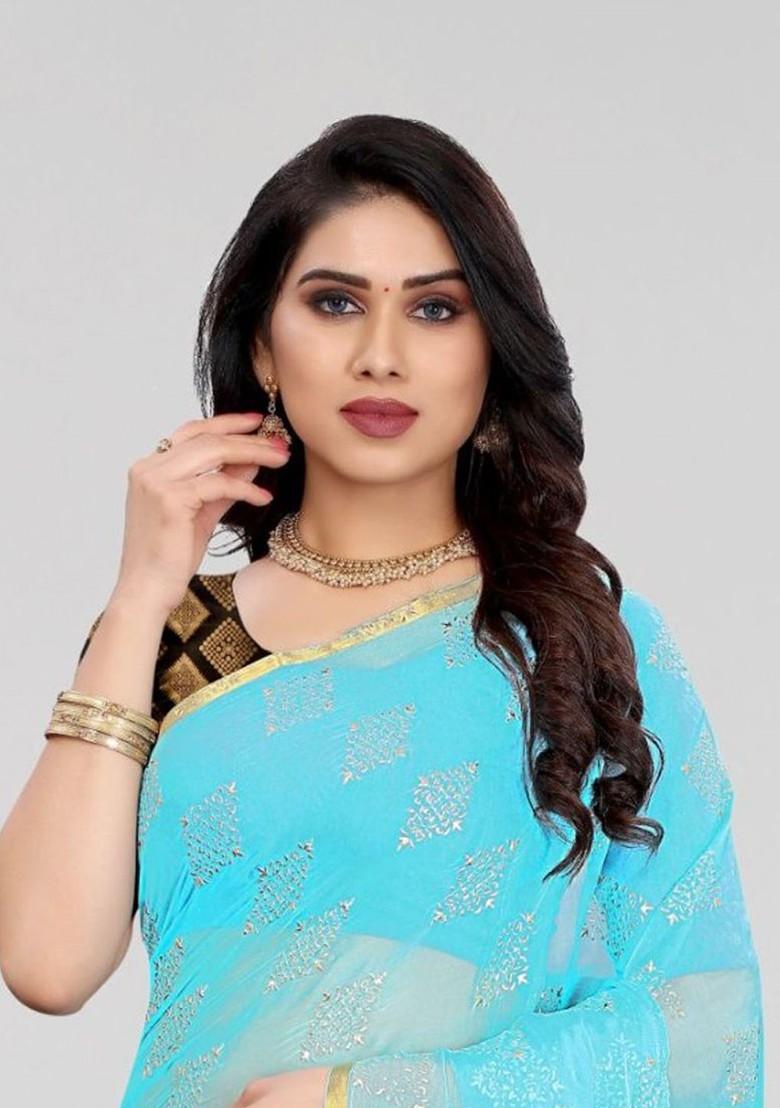 Blue Ethnic Motifs Printed Saree Set