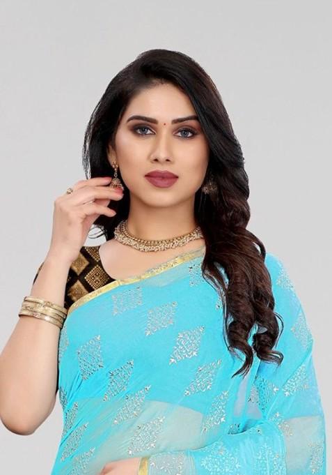 Blue Ethnic Motifs Printed Saree Set