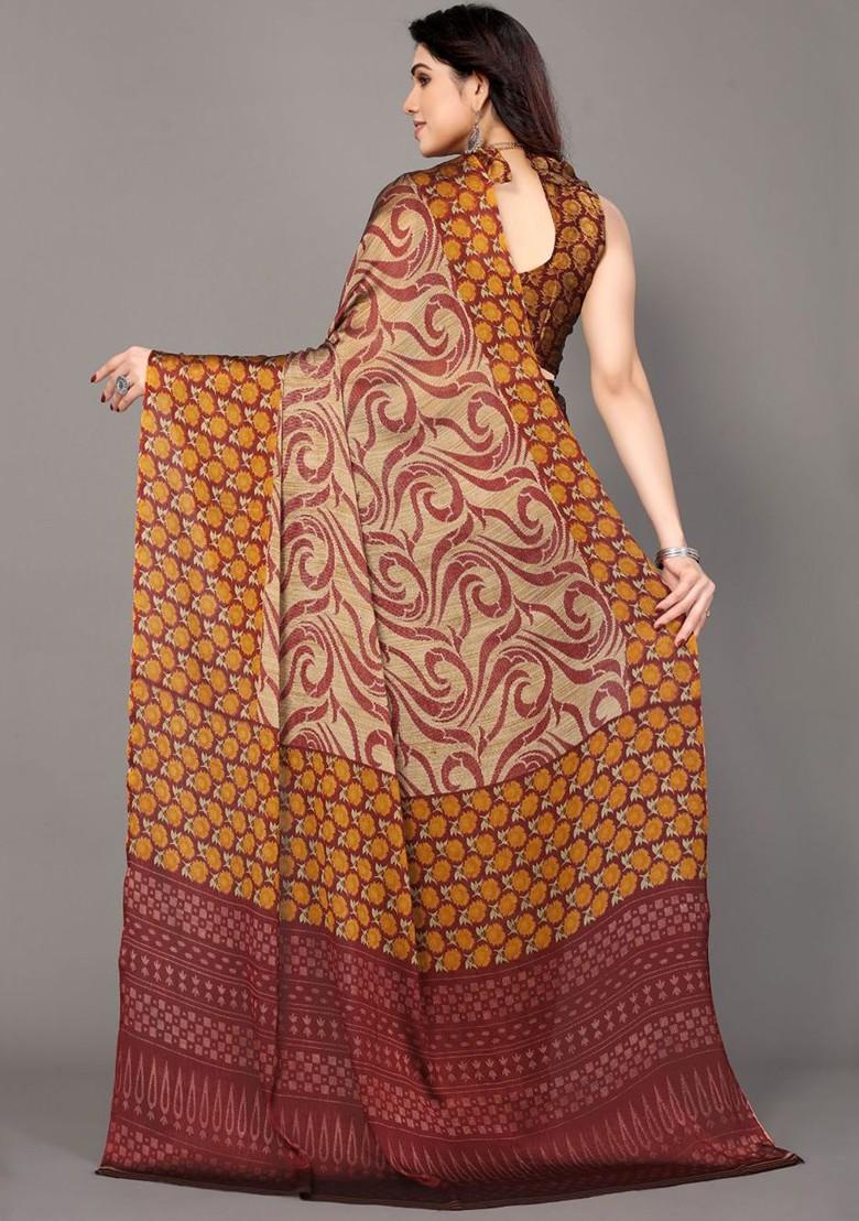 Mustard Floral Print Poly Chiffon Saree Set - Indya