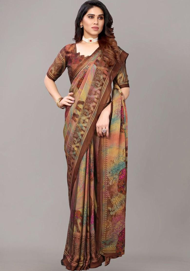 Brown Ethnic Motifs Printed Poly Chiffon Saree Set