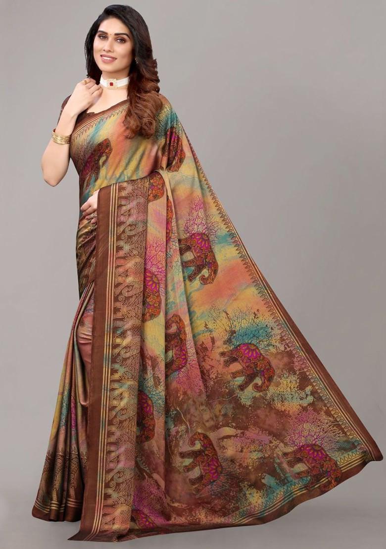 Brown Ethnic Motifs Printed Poly Chiffon Saree Set