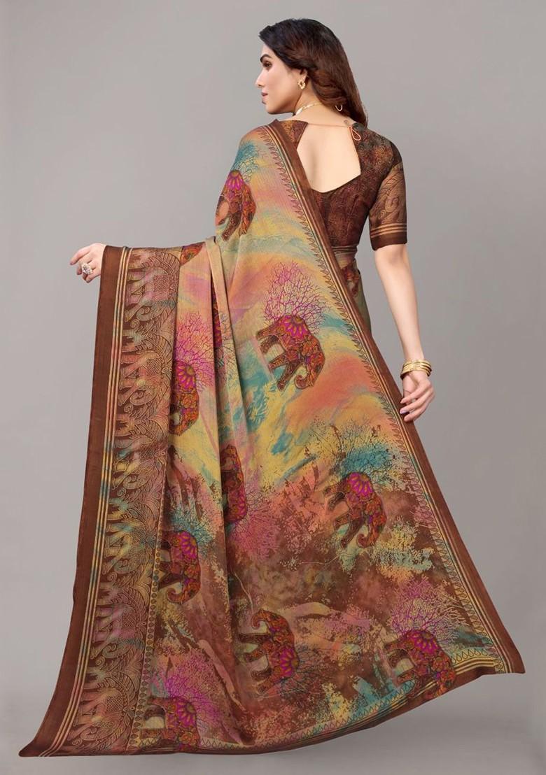 Brown Ethnic Motifs Printed Poly Chiffon Saree Set