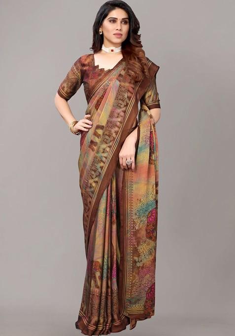 Brown Ethnic Motifs Printed Poly Chiffon Saree Set