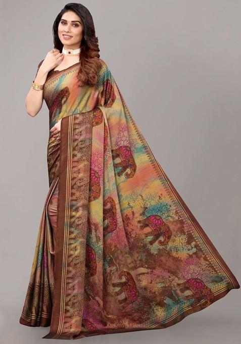 Brown Ethnic Motifs Printed Poly Chiffon Saree Set