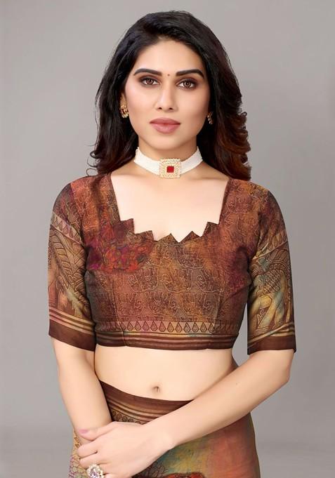 Brown Ethnic Motifs Printed Poly Chiffon Saree Set