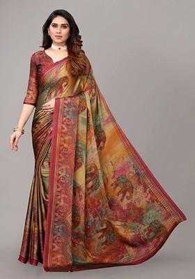 Maroon Ethnic Motifs Printed Poly Chiffon Saree Set