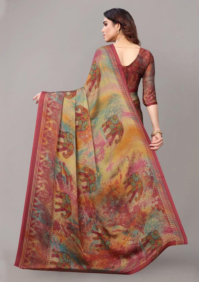 Maroon Ethnic Motifs Printed Poly Chiffon Saree Set