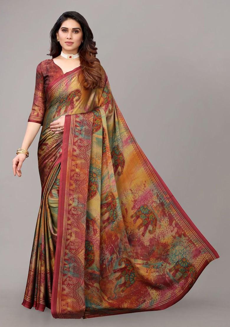 Maroon Ethnic Motifs Printed Poly Chiffon Saree Set