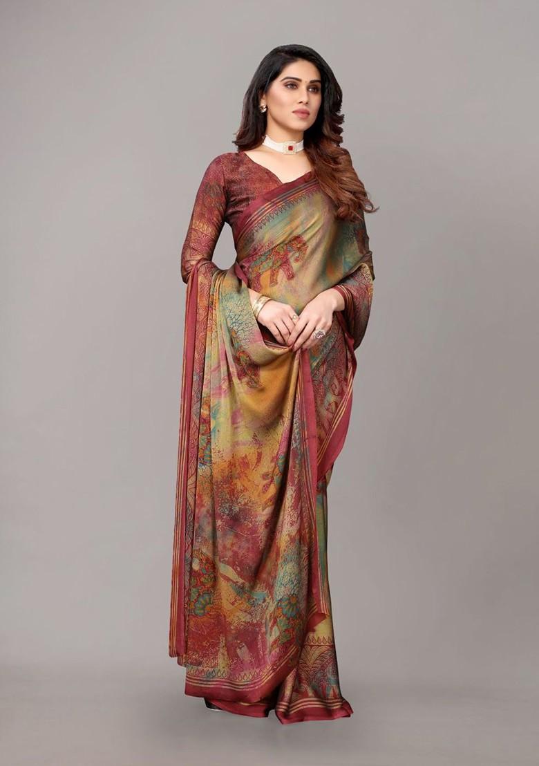 Maroon Ethnic Motifs Printed Poly Chiffon Saree Set