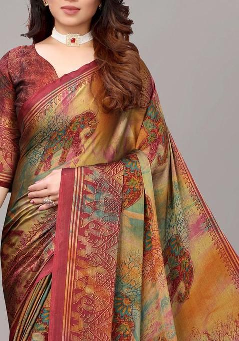 Maroon Ethnic Motifs Printed Poly Chiffon Saree Set
