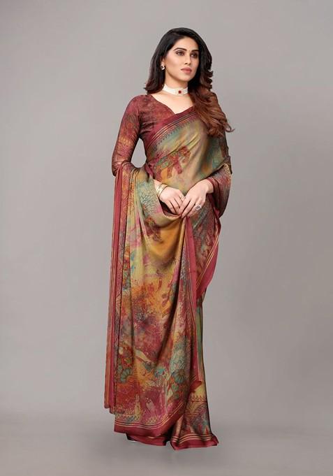 Maroon Ethnic Motifs Printed Poly Chiffon Saree Set