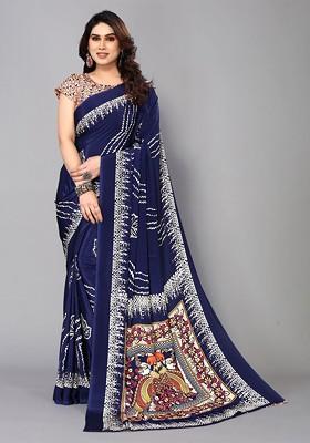 Navy Blue Floral Print Pure Crepe Saree Set