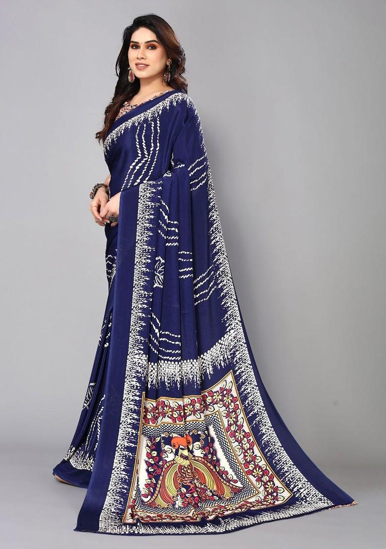 Navy Blue Floral Print Pure Crepe Saree Set - Indya