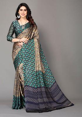 Teal Ethnic Motifs Printed Poly Chiffon Saree Set