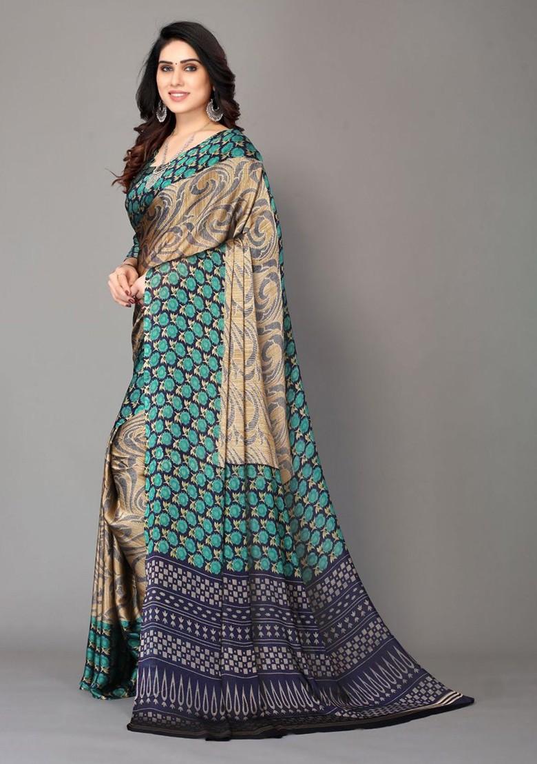 Teal Ethnic Motifs Printed Poly Chiffon Saree Set