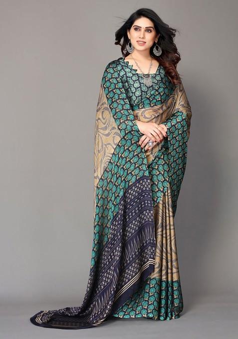 Teal Ethnic Motifs Printed Poly Chiffon Saree Set