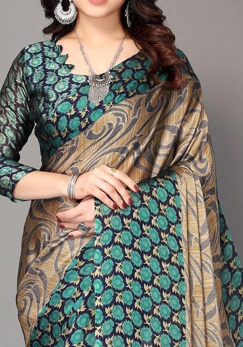 Teal Ethnic Motifs Printed Poly Chiffon Saree Set