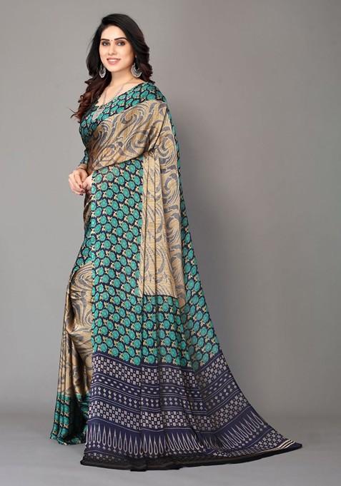 Teal Ethnic Motifs Printed Poly Chiffon Saree Set