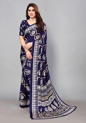 Navy Blue Floral Print Pure Crepe Saree Set