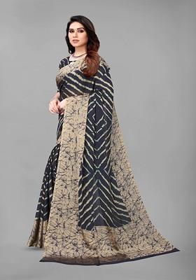 Navy Blue Striped Poly Chiffon Saree Set