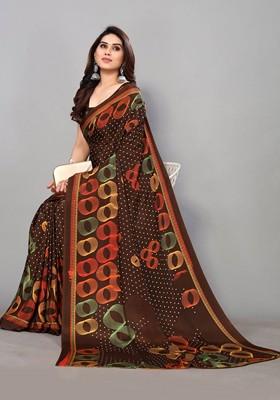 Coffee Brown Geometric Print Pure Crepe Saree Set