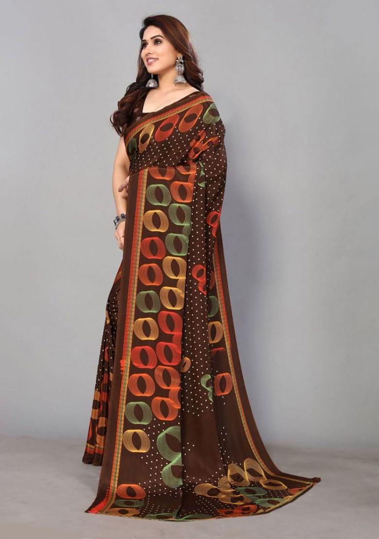 Coffee Brown Geometric Print Pure Crepe Saree Set - Indya