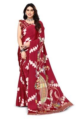 Red Paisley Printed Pure Crepe Saree Set