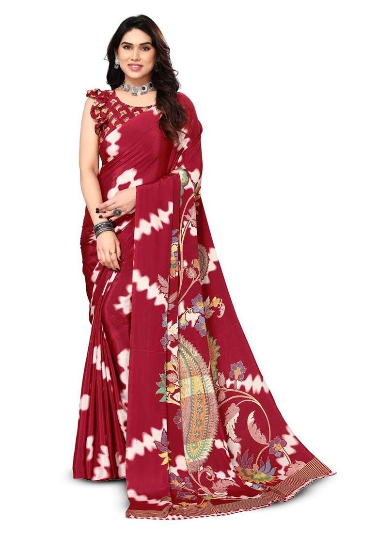 Red Paisley Printed Pure Crepe Saree Set - Indya