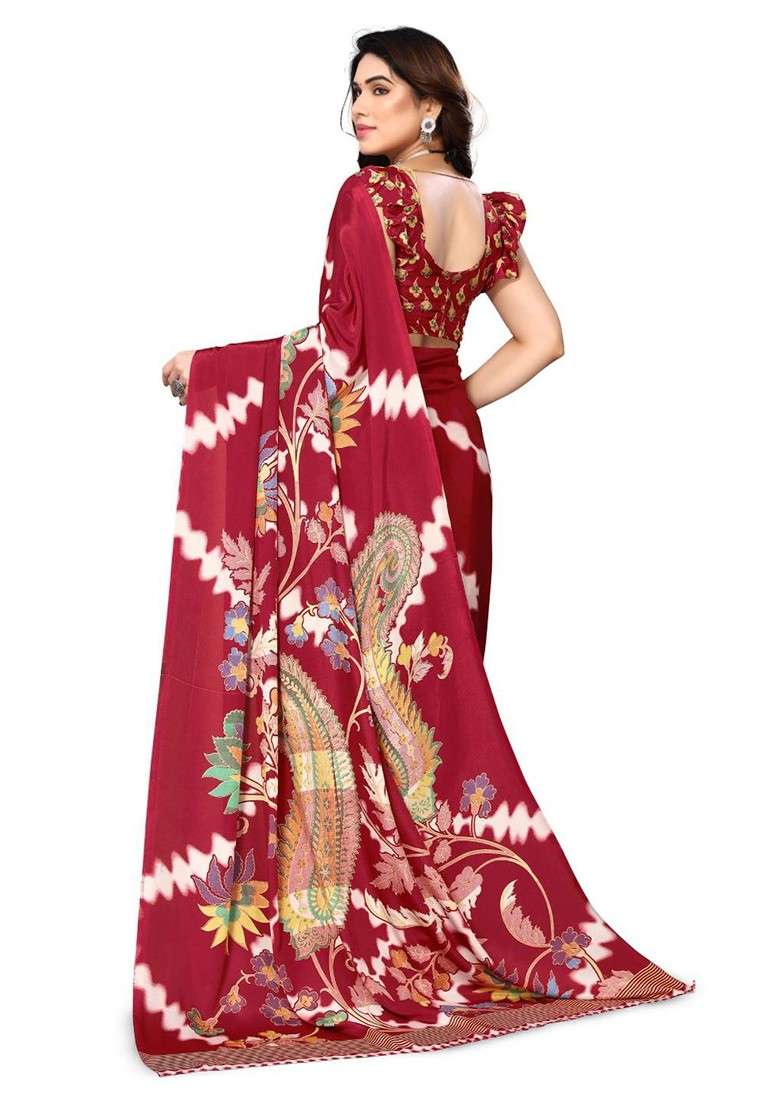 Red Paisley Printed Pure Crepe Saree Set - Indya