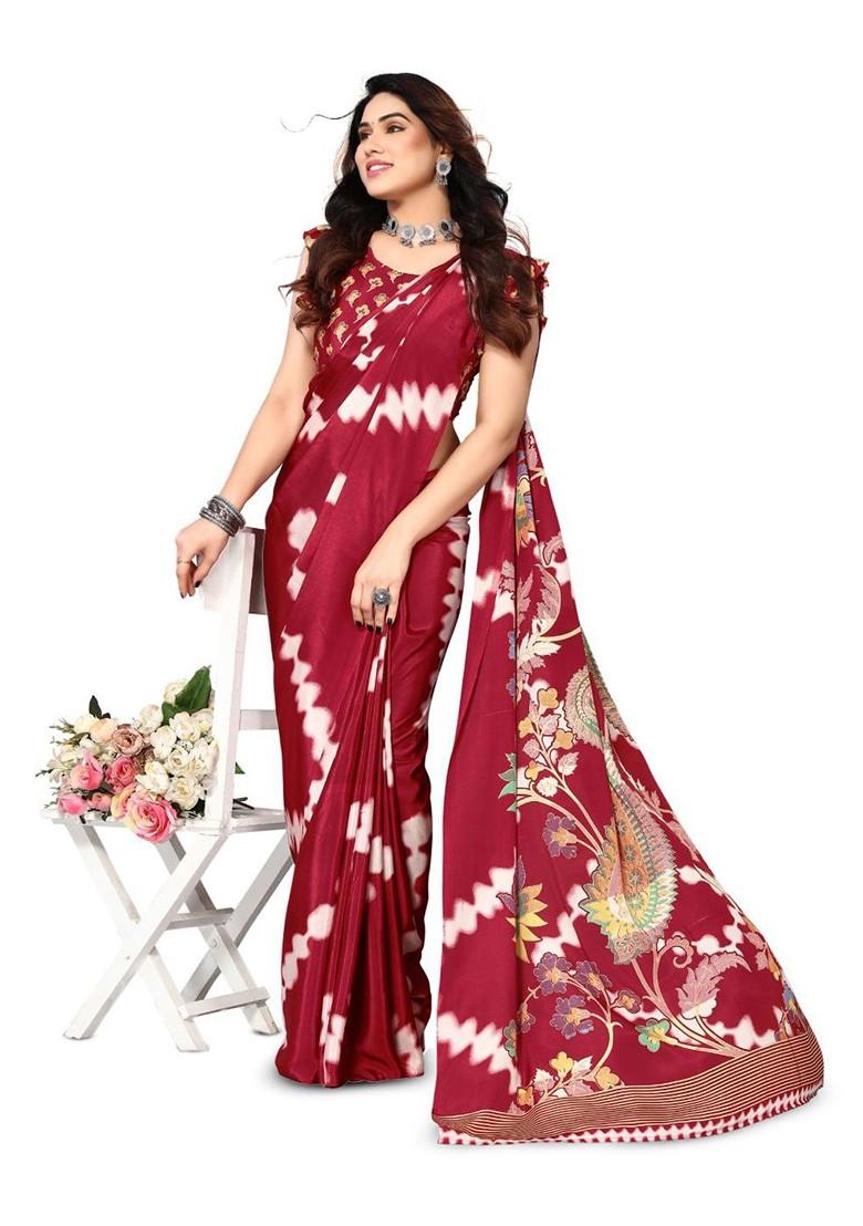 Red Paisley Printed Pure Crepe Saree Set