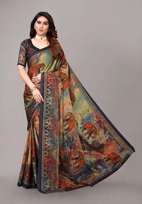 Navy Blue Ethnic Motifs Printed Poly Chiffon Saree Set