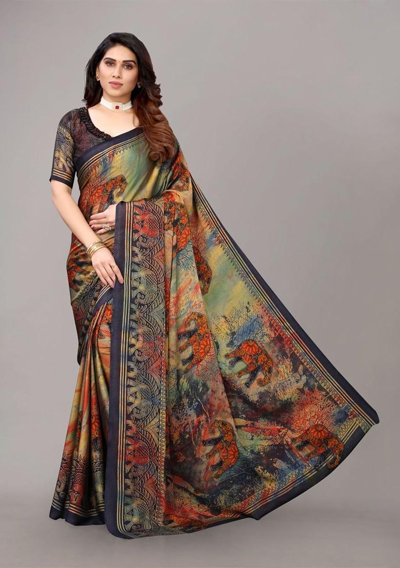 Navy Blue Ethnic Motifs Printed Poly Chiffon Saree Set