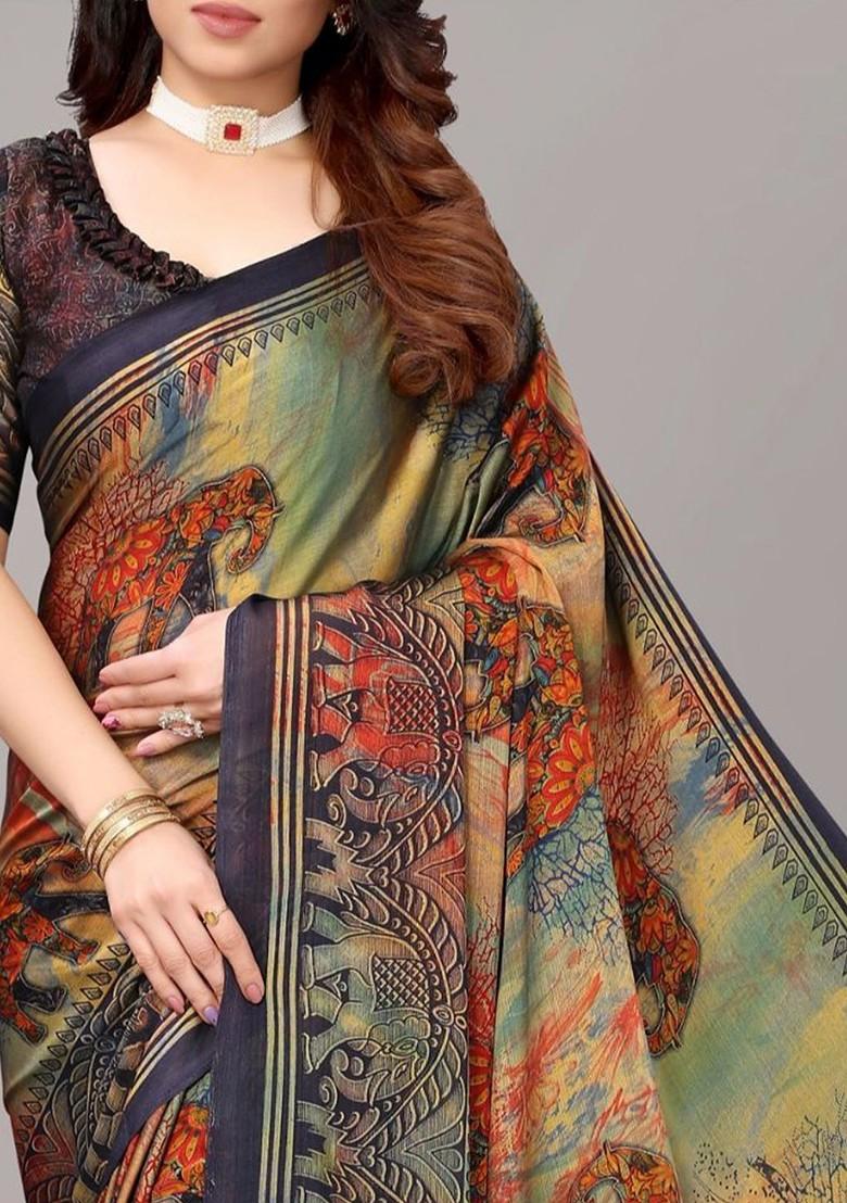 Navy Blue Ethnic Motifs Printed Poly Chiffon Saree Set