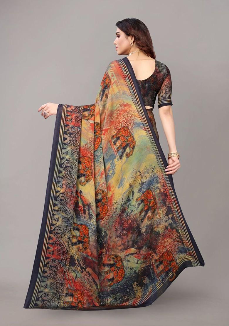 Navy Blue Ethnic Motifs Printed Poly Chiffon Saree Set