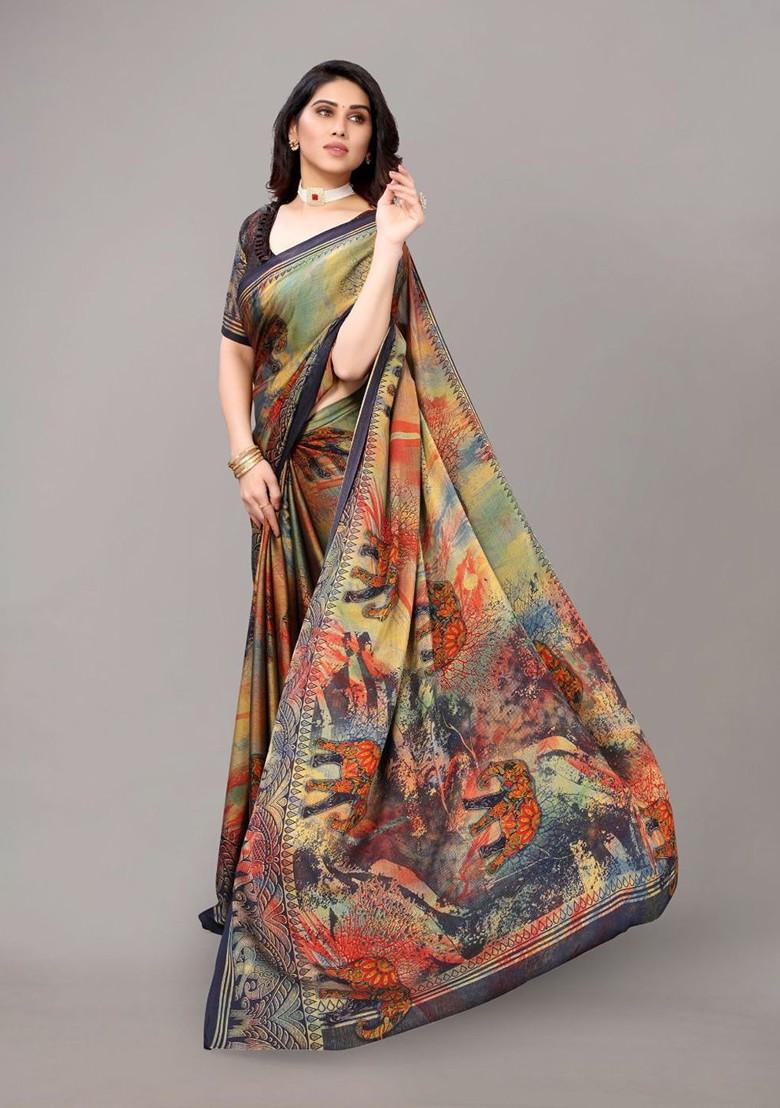 Navy Blue Ethnic Motifs Printed Poly Chiffon Saree Set