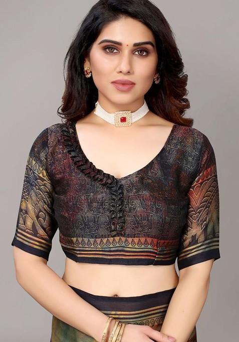 Navy Blue Ethnic Motifs Printed Poly Chiffon Saree Set