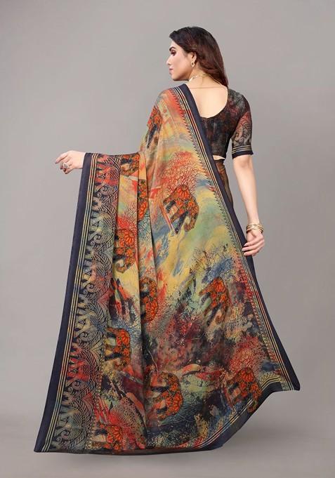 Navy Blue Ethnic Motifs Printed Poly Chiffon Saree Set