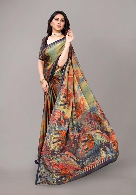 Navy Blue Ethnic Motifs Printed Poly Chiffon Saree Set