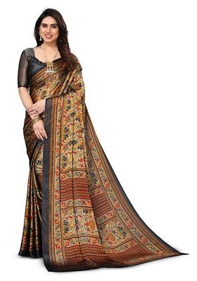 Black Floral Print Poly Chiffon Saree Set