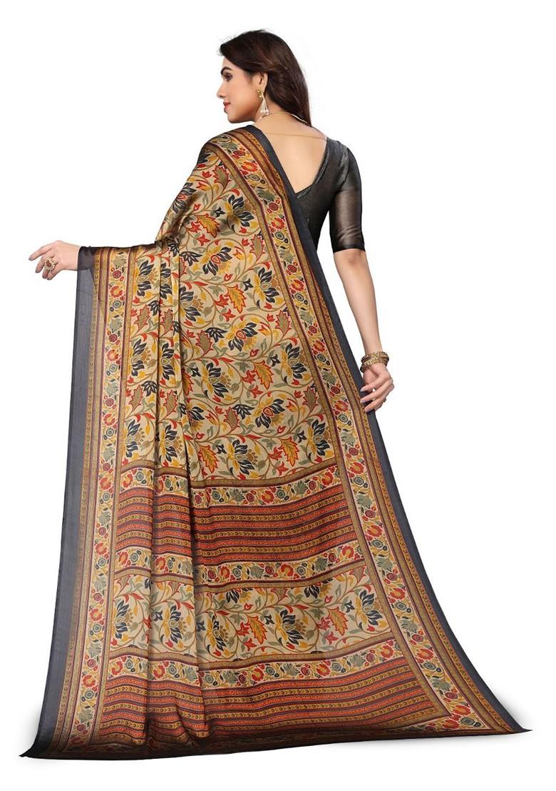Black Floral Print Poly Chiffon Saree Set - Indya