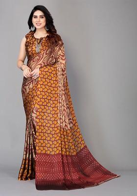 Orange Floral Print Poly Chiffon Saree Set