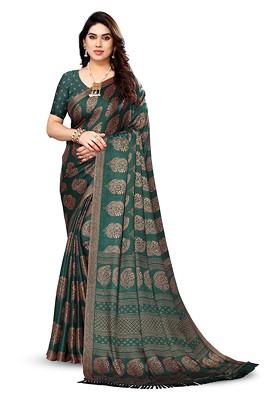 Green Ethnic Motifs Printed Pure Chiffon Saree Set