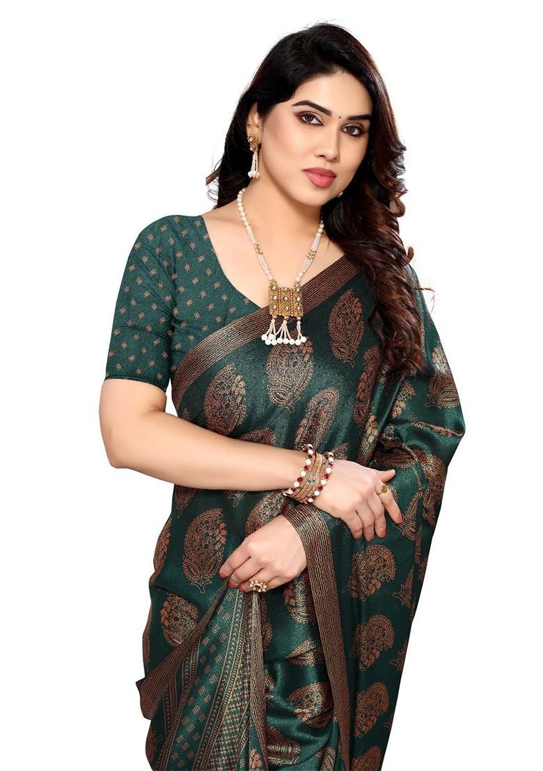 Green Ethnic Motifs Printed Pure Chiffon Saree Set