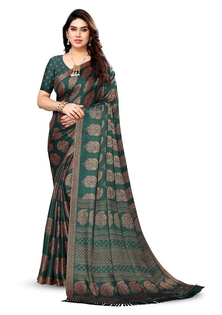 Green Ethnic Motifs Printed Pure Chiffon Saree Set