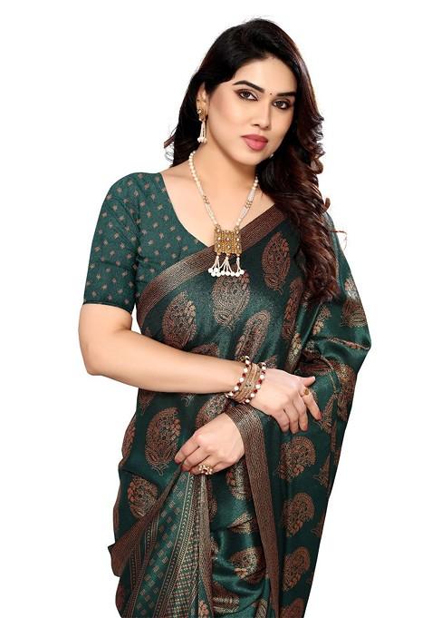 Green Ethnic Motifs Printed Pure Chiffon Saree Set